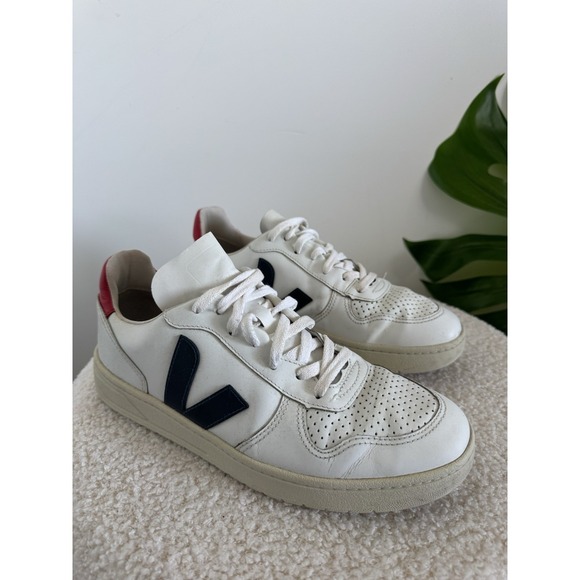 Veja Shoes - Veja‎ V-10 women's Sz 10 White Red Navy Leather Sneakers Lace Up Vegan Leather